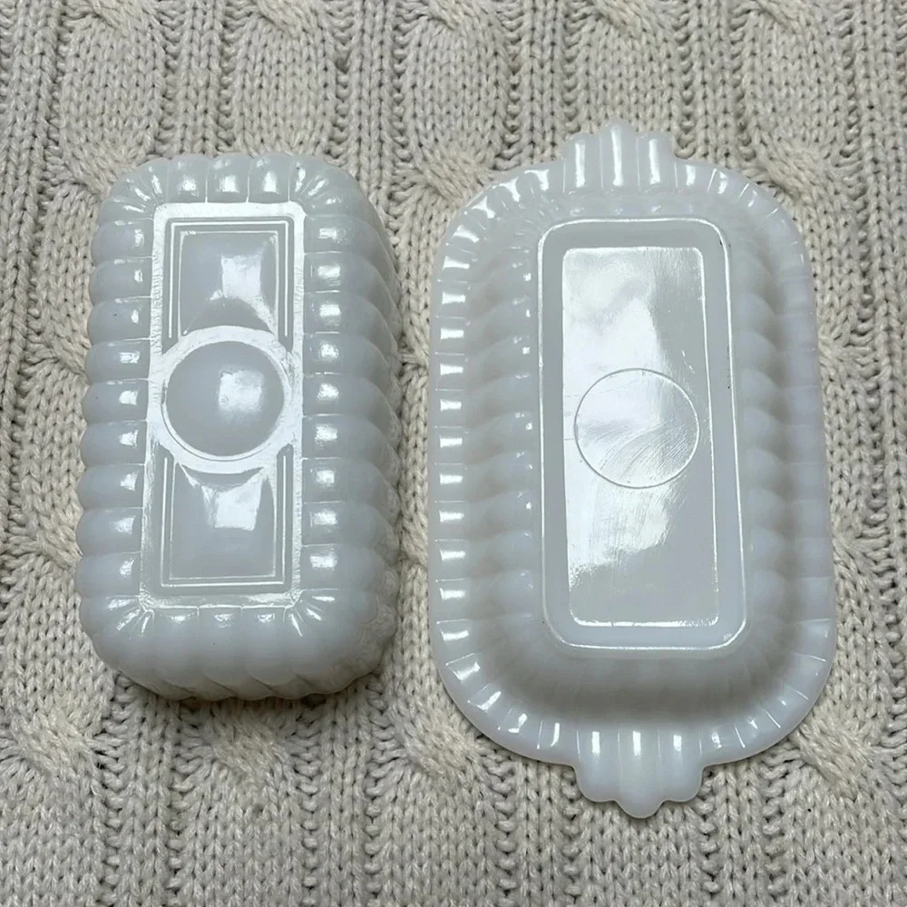Vtg Hazel Atlas half stick butterdish w/ lid White Milk glass Ribbed MCM 1950s